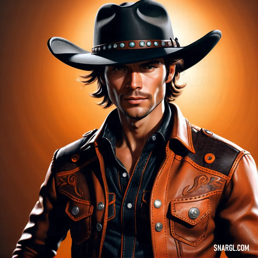 Painting of a man wearing a cowboy hat and leather jacket with a black shirt and brown pants