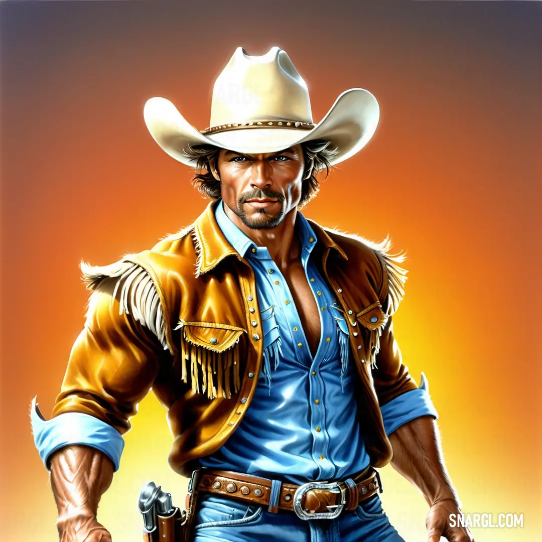 Painting of a man in a cowboy outfit holding a gun and wearing a hat with a feather on it