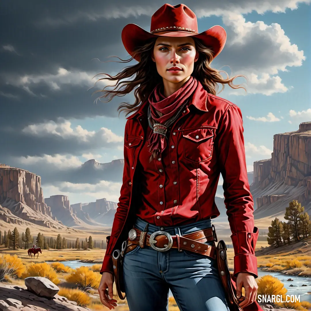 Painting of a woman in a red shirt and cowboy hat with a gun in her hand and a mountain in the background