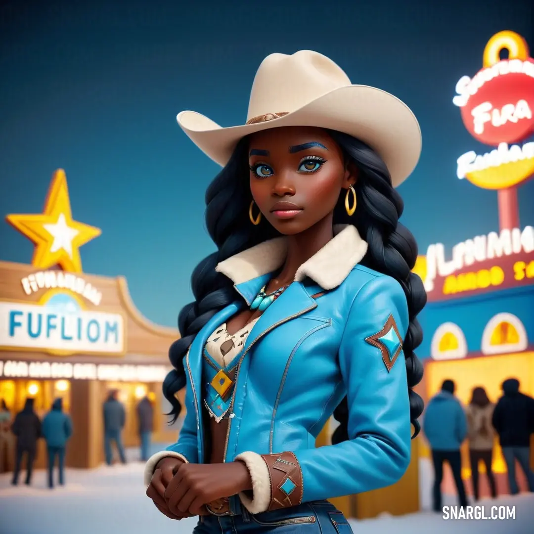 Woman in a cowboy hat and jacket standing in front of a sign for a fun place to go
