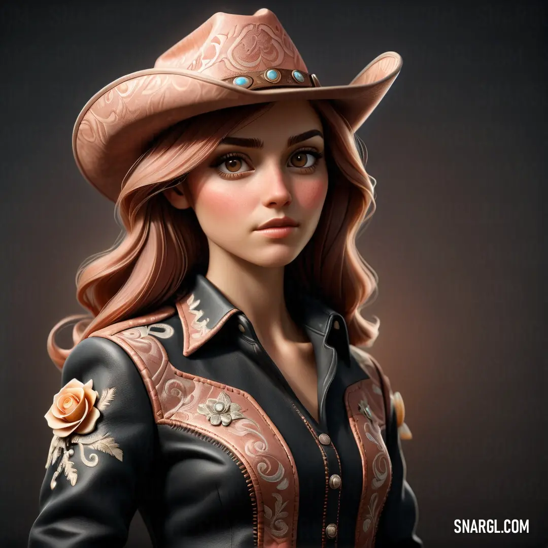 Woman in a cowboy hat with a rose on her shoulder and a black shirt with a brown flower on it