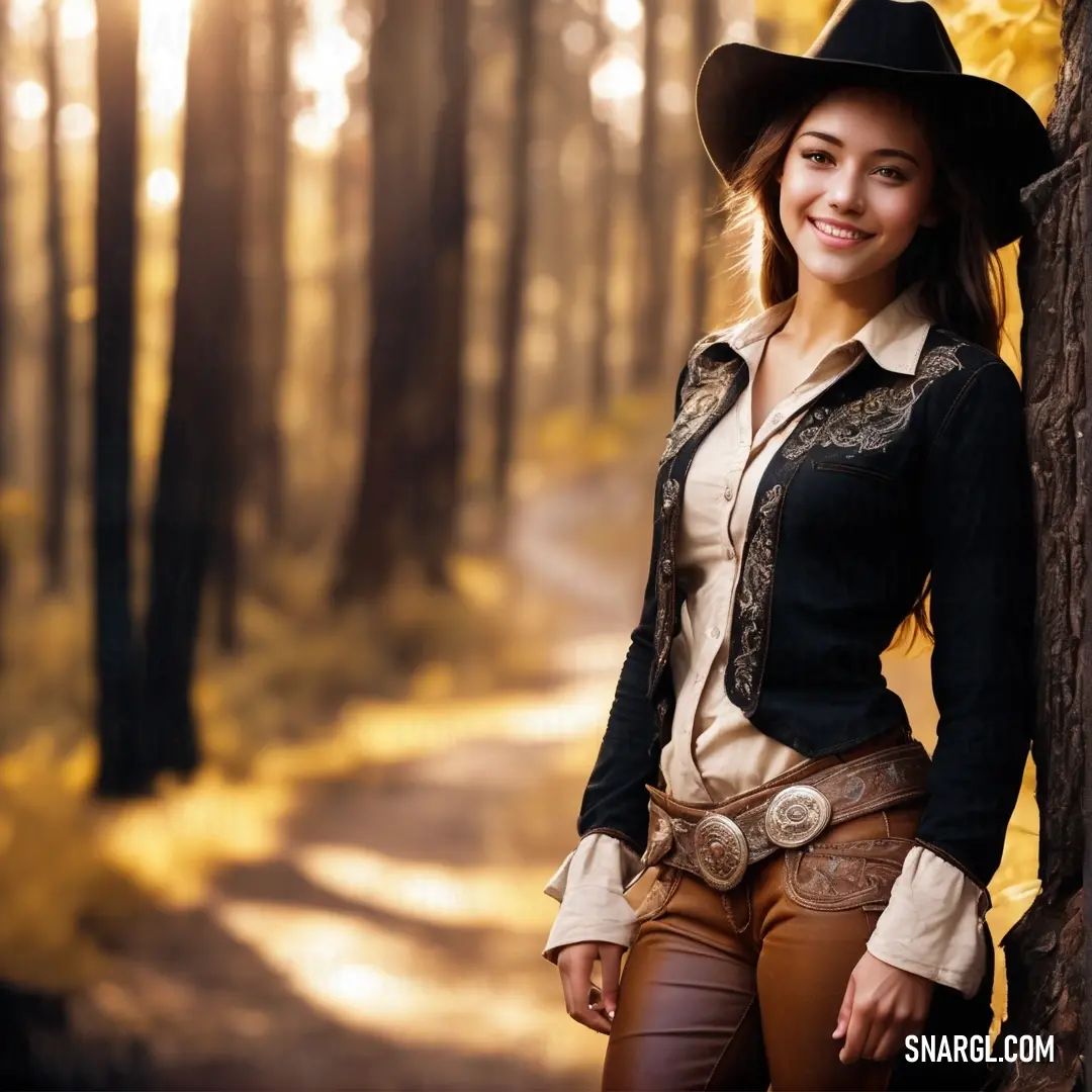 Woman in a cowboy hat leaning against a tree in the woods with a trail in the background