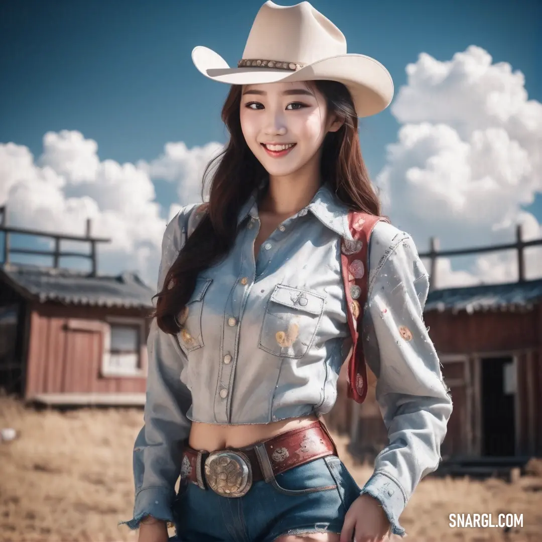 Woman in a cowboy hat poses for a picture in a ranch setting with a horse and a barn