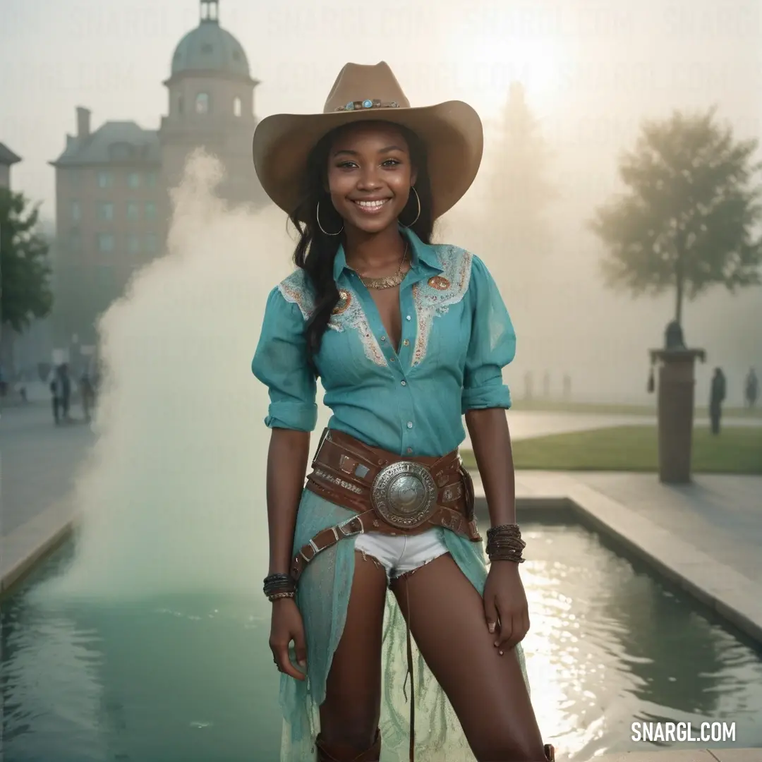 Woman in a cowboy hat standing next to a fountain with a steamy fountain behind her and a building in the background