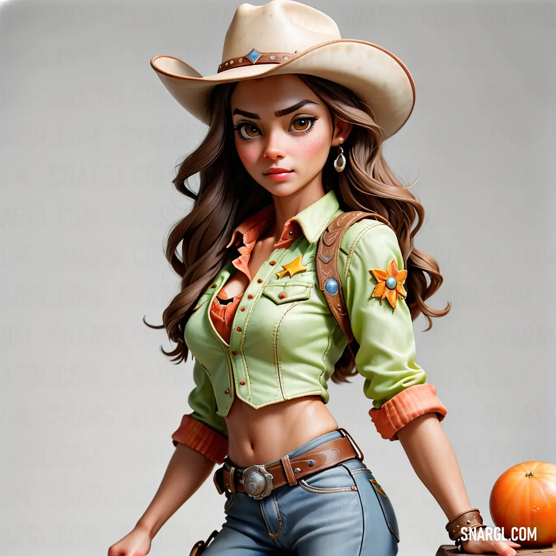 Woman in a cowboy outfit holding a pumpkin and a knife in her hand