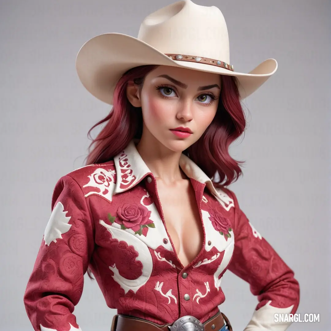Woman in a cowboy outfit poses for a picture with her hands on her hips and a cowboy hat on