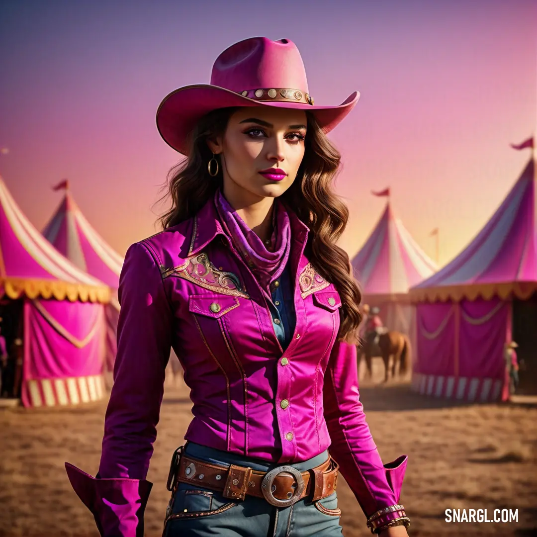 Woman in a cowboy outfit standing in front of a tent with a horse in the background at sunset