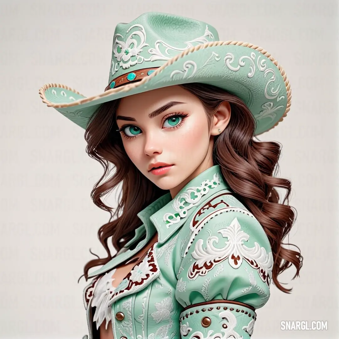Woman in a green dress and a cowboy hat with a long brown hair and a blue eyeliner
