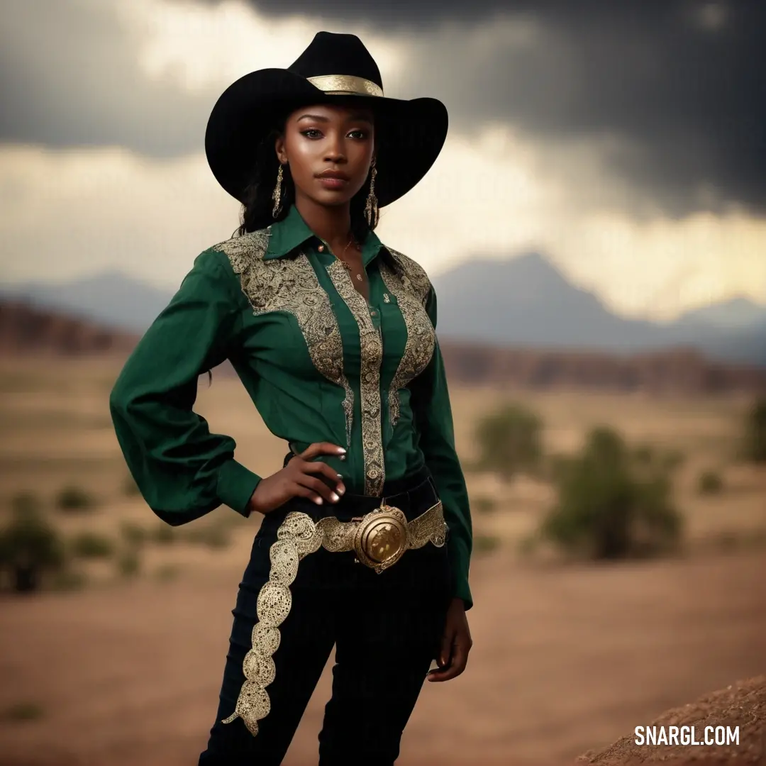 Woman in a green shirt and black pants with a cowboy hat on her head and a gold belt around her waist