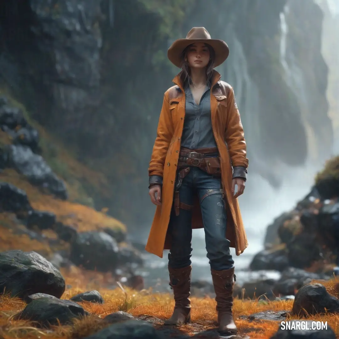 Woman in a hat and coat standing in a field near a waterfall and rocks