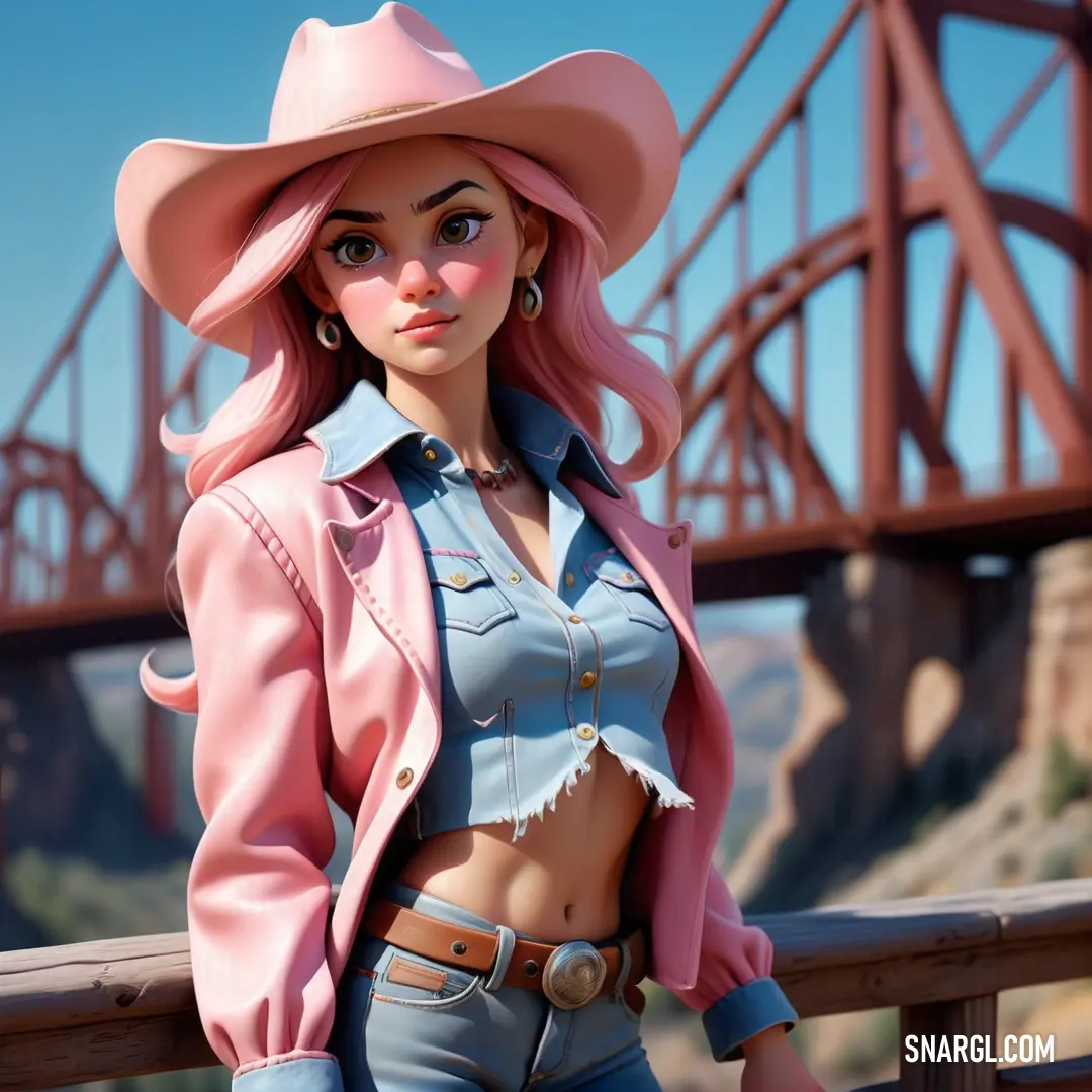 Woman in a pink cowboy hat and jeans posing for a picture on a bridge