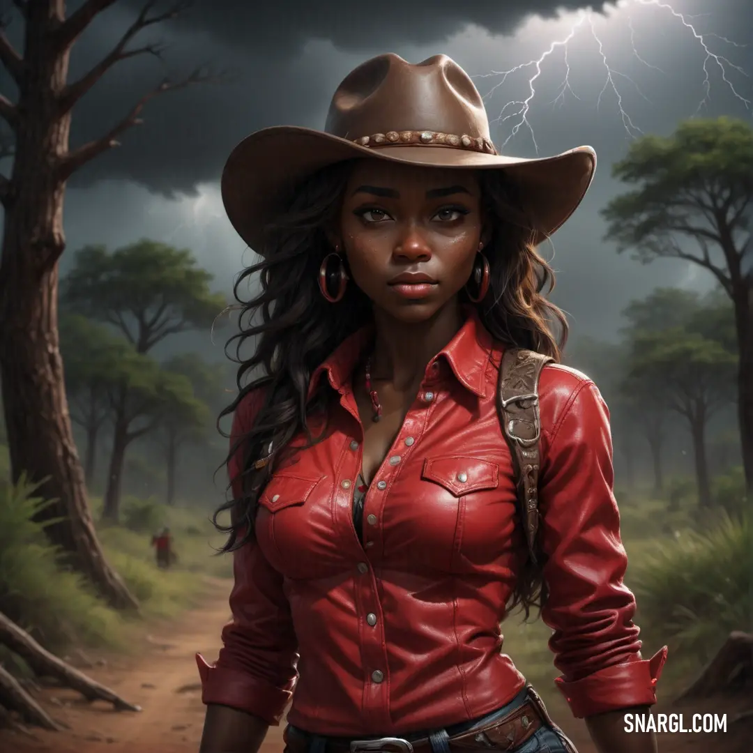 Woman in a red shirt and cowboy hat standing in a forest with a lightning bolt in the background