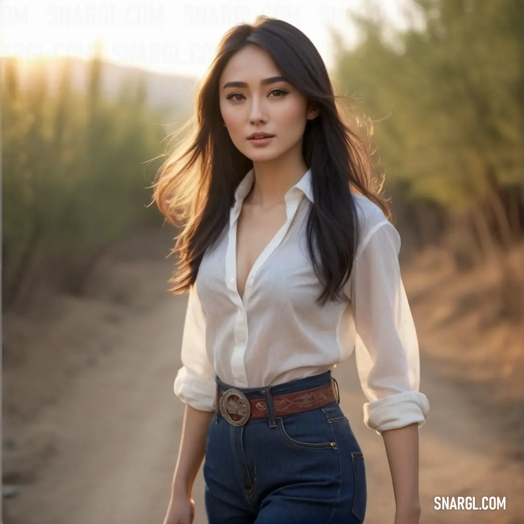 Woman in a white shirt and jeans walking down a dirt road with trees in the background