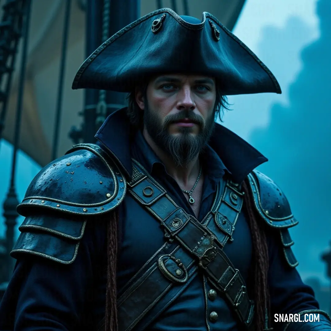 A pirate captain stands proudly on his boat, the ocean stretching endlessly before him. His beard catches the wind, adding to the strong, commanding presence he exudes.