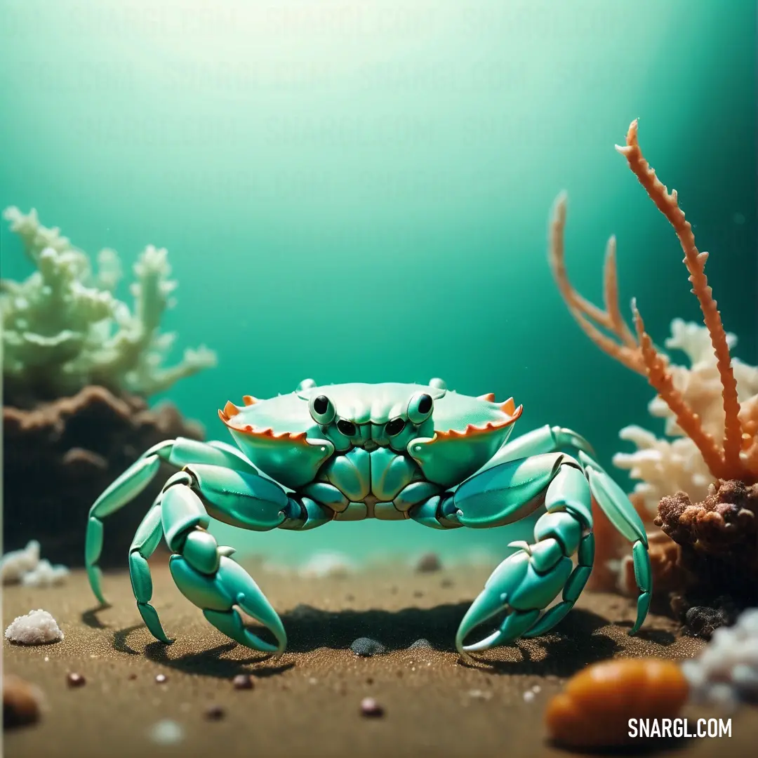 Blue crab is standing on the sand near corals and seaweed in the ocean with a bright blue background