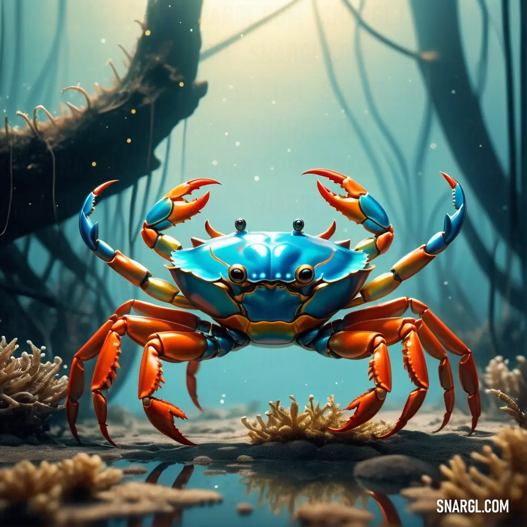 Blue crab with orange claws standing in the water near a tree and corals with a bright light shining on it
