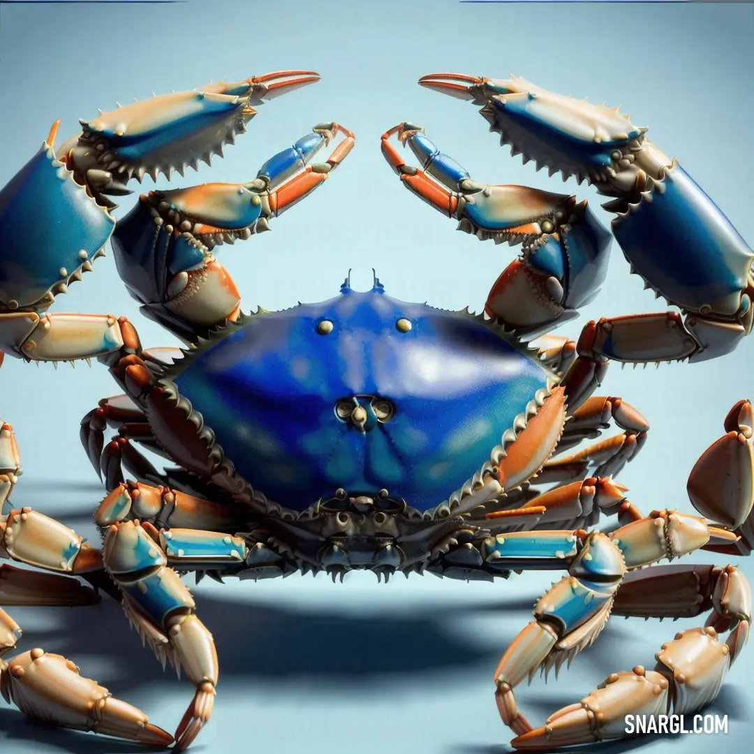 Blue crab with orange claws and a blue body with white legs and claws,