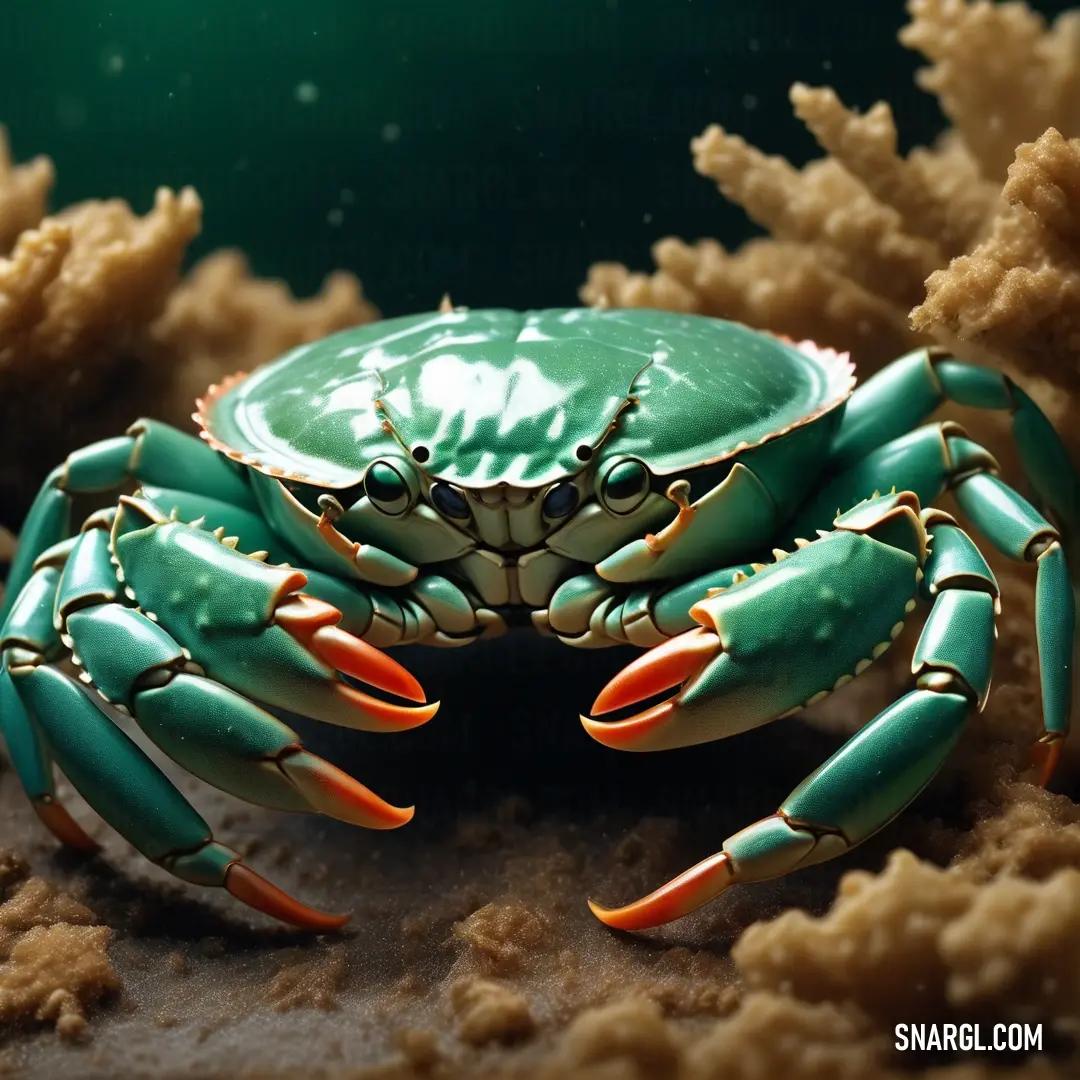 Blue crab with orange legs and legs on a coral reef with seaweed and sponges in the background