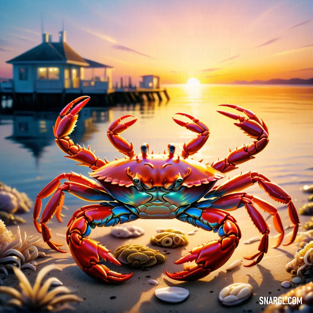 Crab is on the beach at sunset with shells and shells around it and a pier in the background