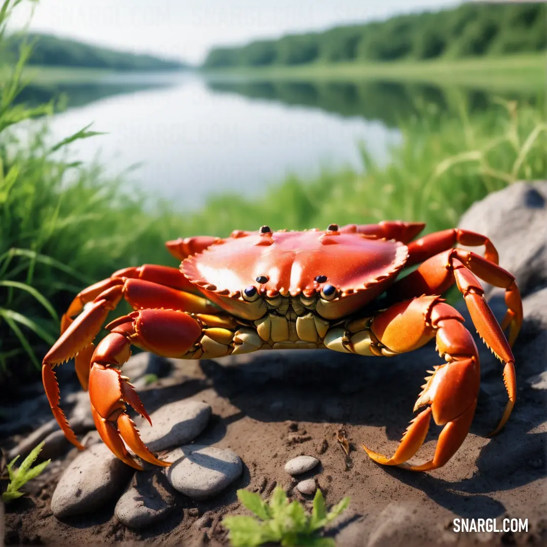 Crab is on the rocks by the water and grass, with a blue sky in the background