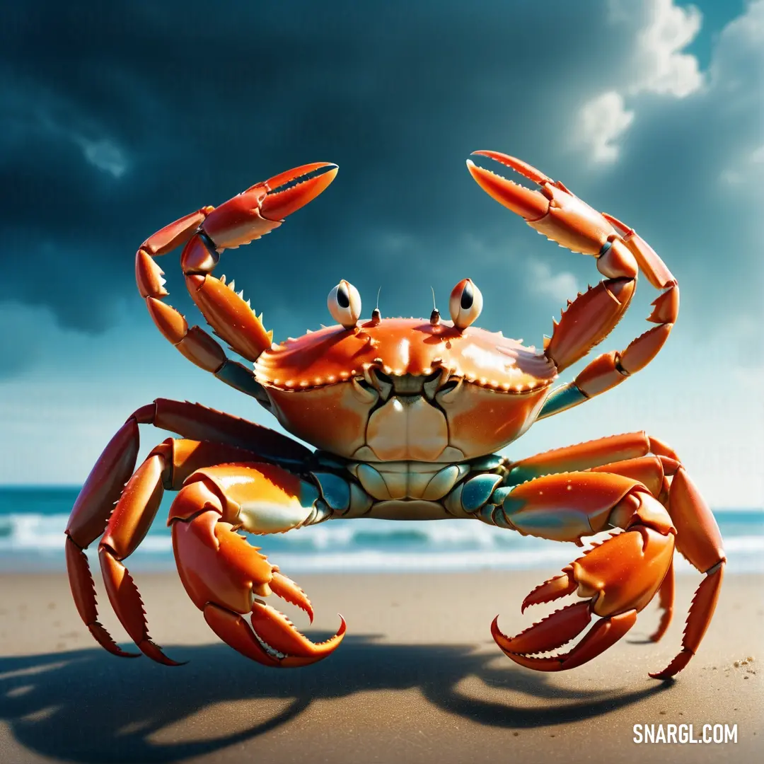 Crab is standing on the beach with its legs spread out and eyes wide open