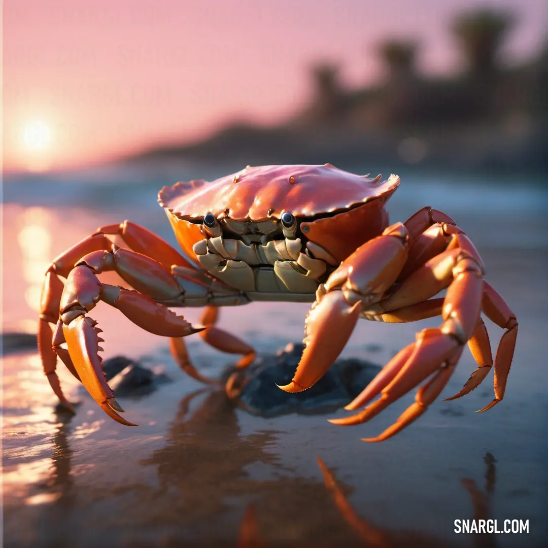Crab is standing on the beach at sunset with its claws out and eyes open