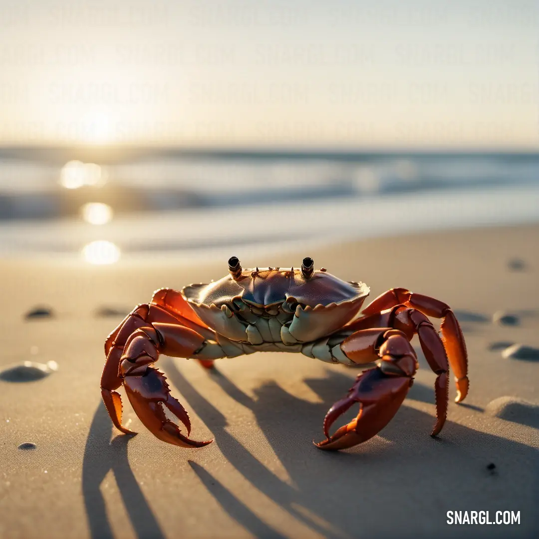Crab is standing on the beach at sunset or sunrise time