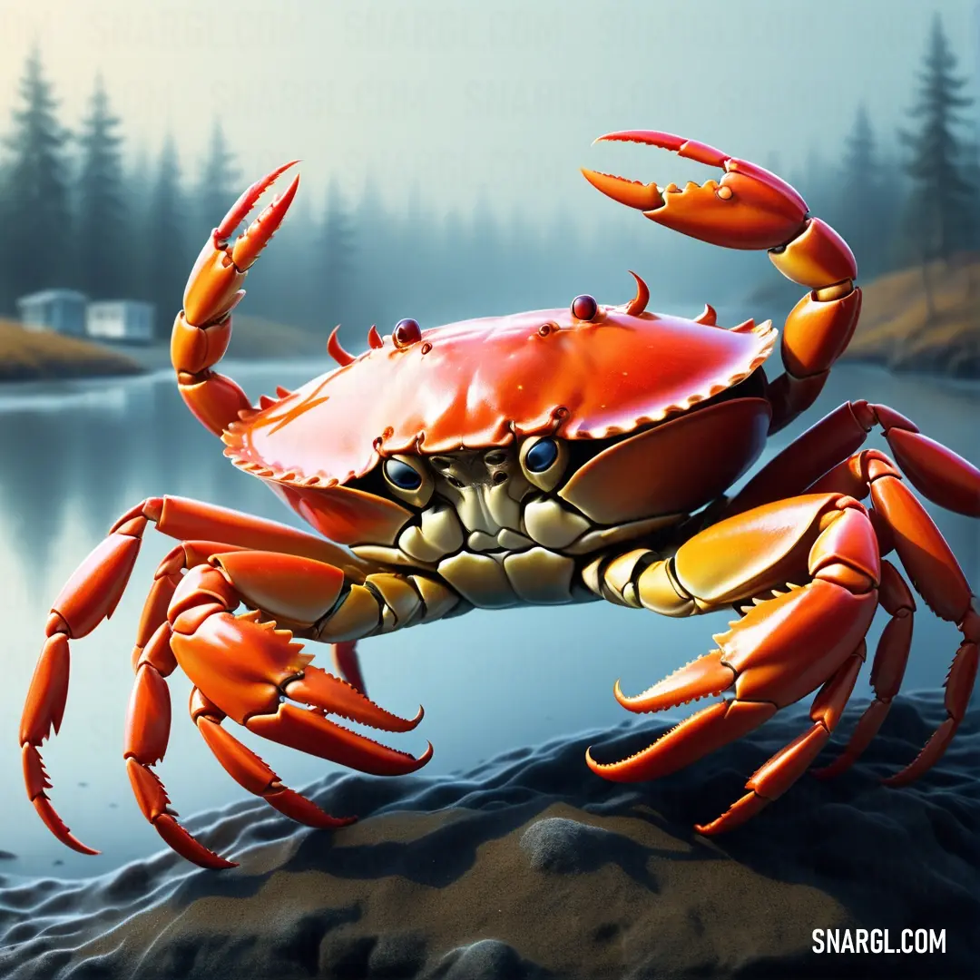 Crab is standing on a beach near a body of water and trees in the background