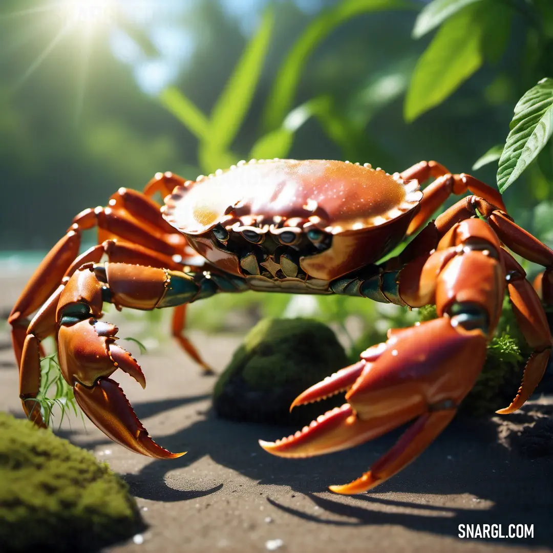 Crab is standing on the ground near some rocks and plants and grass