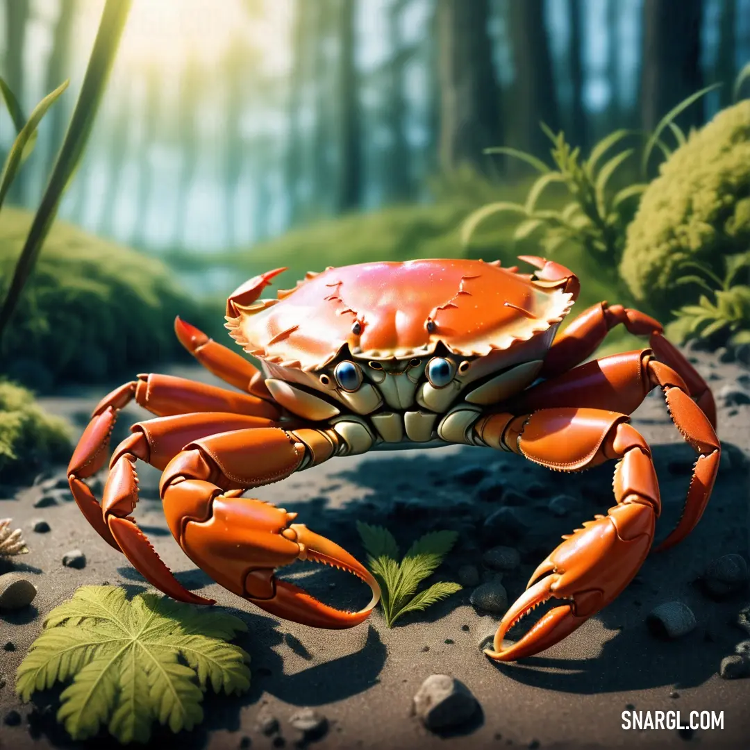 Crab is standing on the ground in the grass and rocks, with a forest in the background