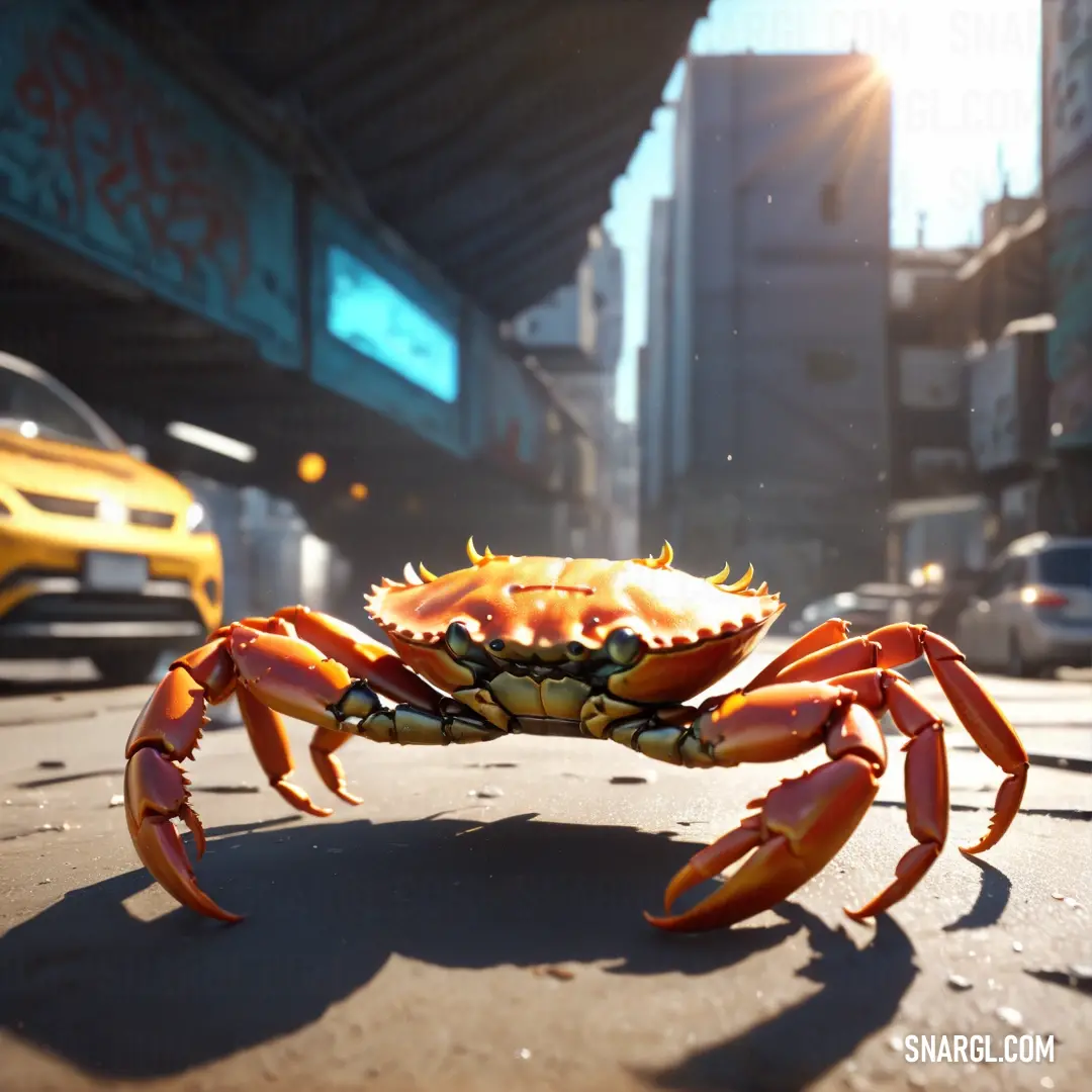 Crab is standing on the street in front of a car