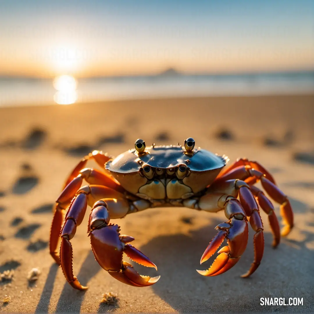 Crab is standing on the beach at sunset or dawn with its claws out and eyes closed