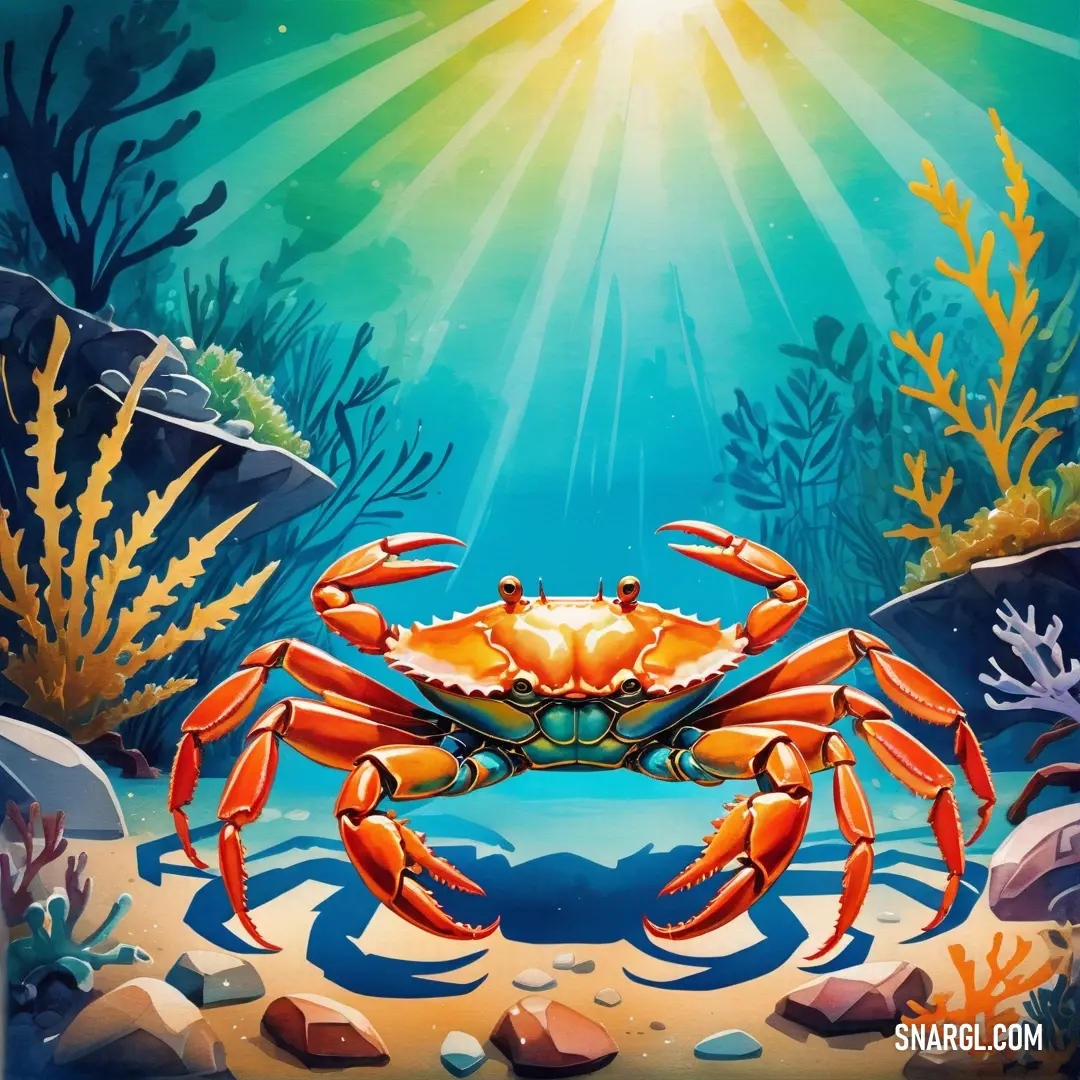 Crab is standing in the middle of the ocean with rocks and algaes around it