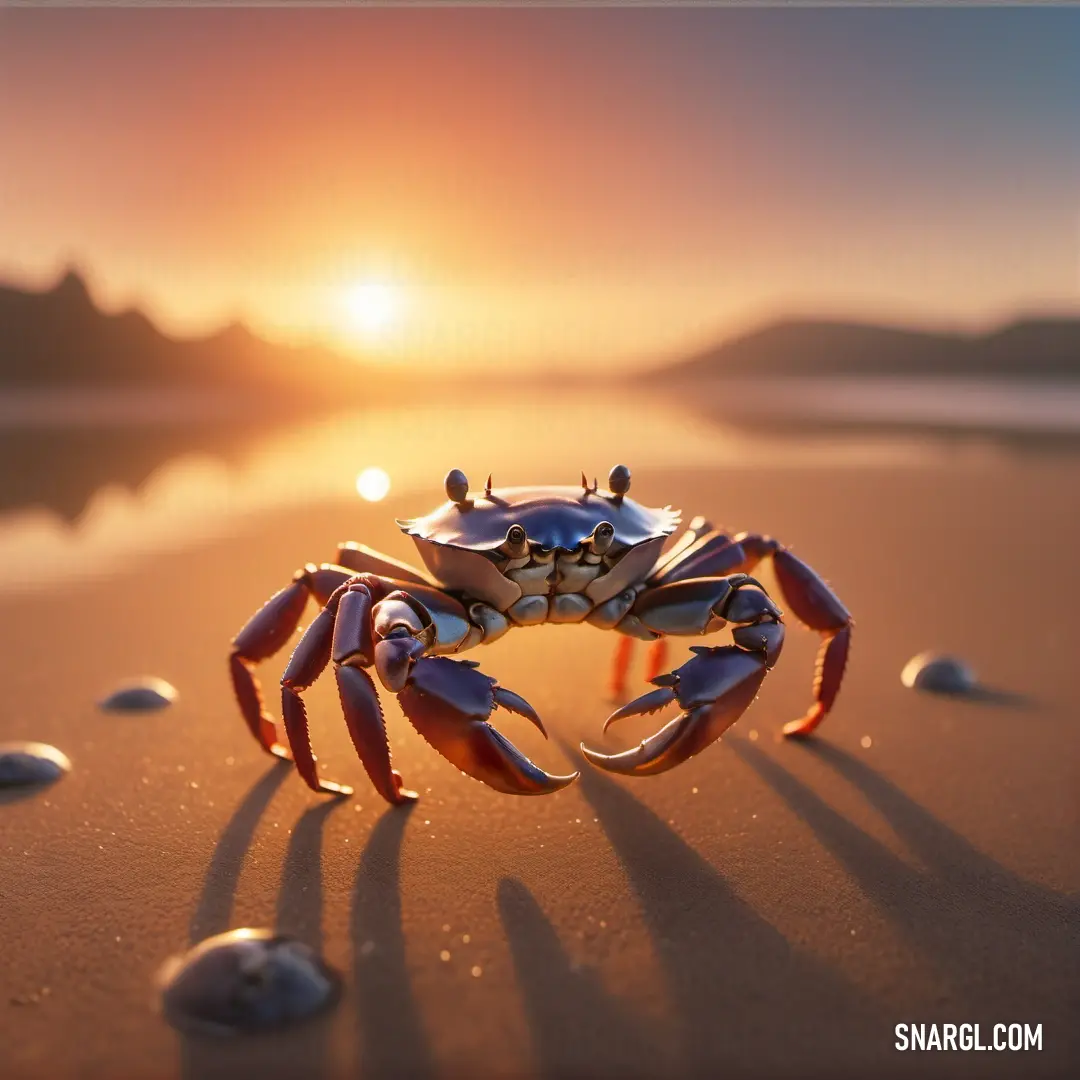 Crab on the beach with the sun setting in the background