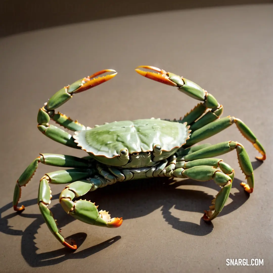 Crab with a green shell and orange legs on a table top with a shadow of its claws on the crab