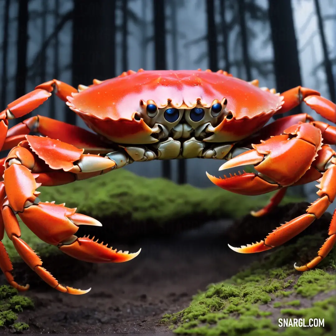 Crab with a large claws and claws on it's back legs, standing on mossy ground