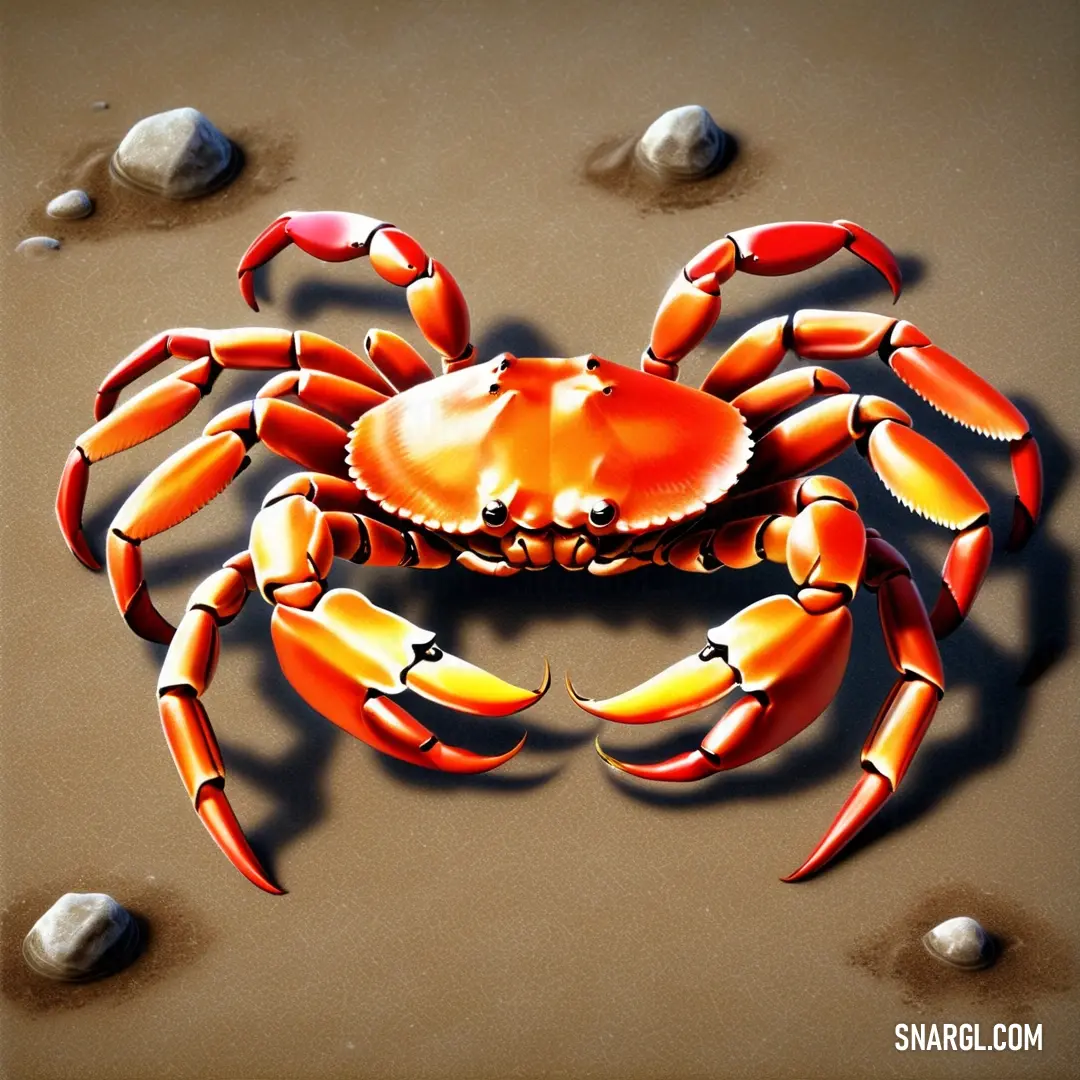 Crab with a large orange shell on a sandy beach with rocks and water in the background