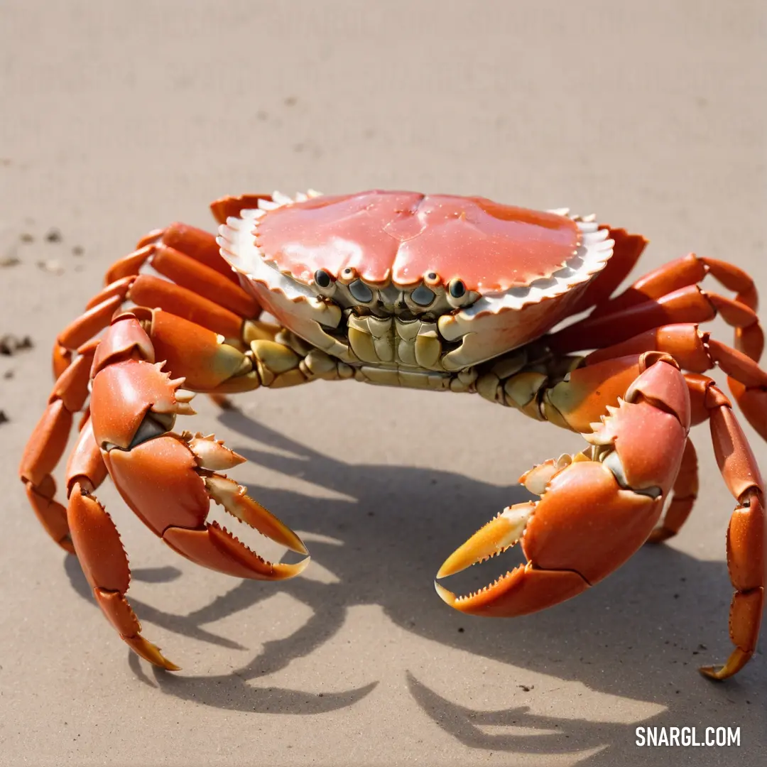Crab with a large, orange shell on the beach with a white tip and black claws