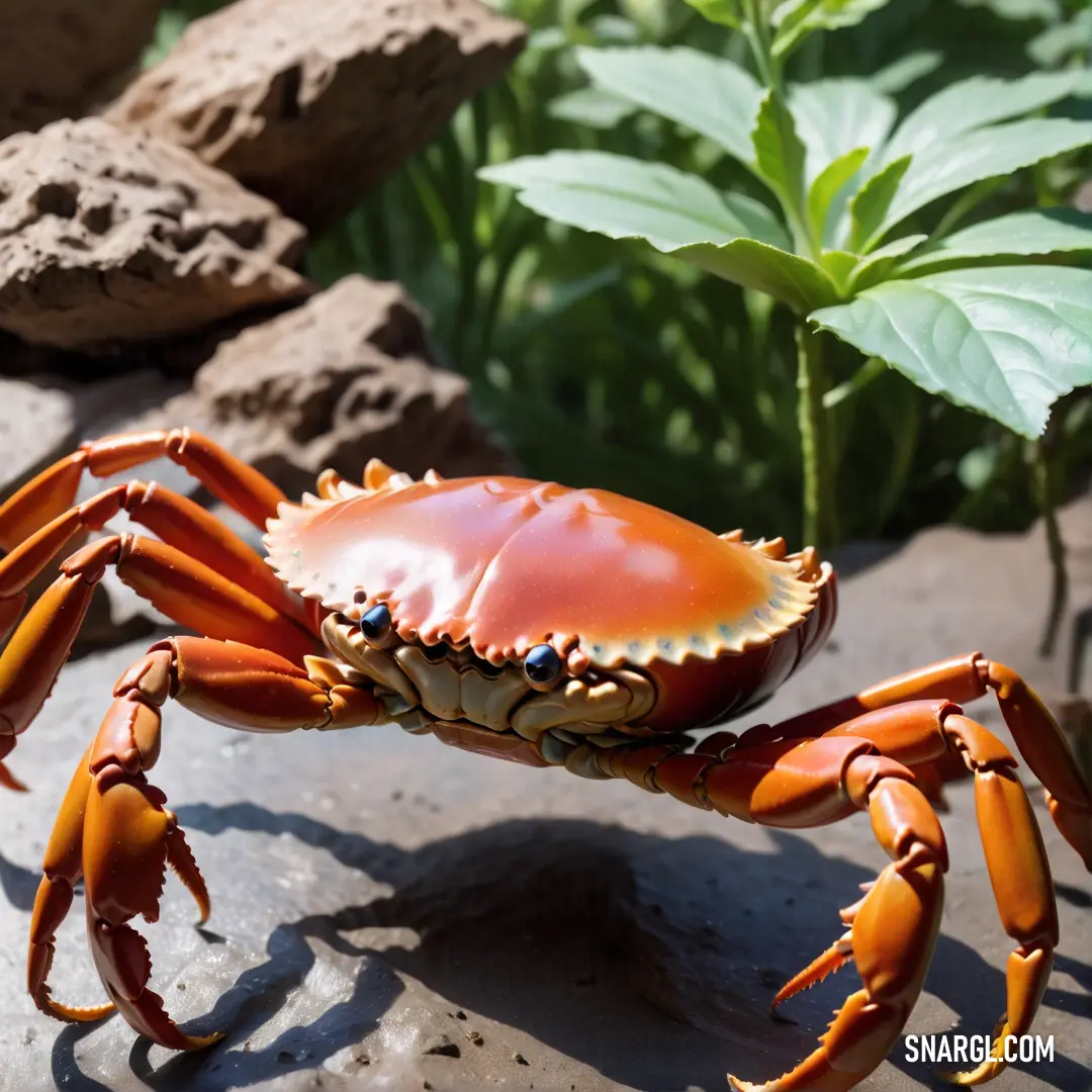 Crab with a large shell on its back on a rock near a plant and rocks in the background