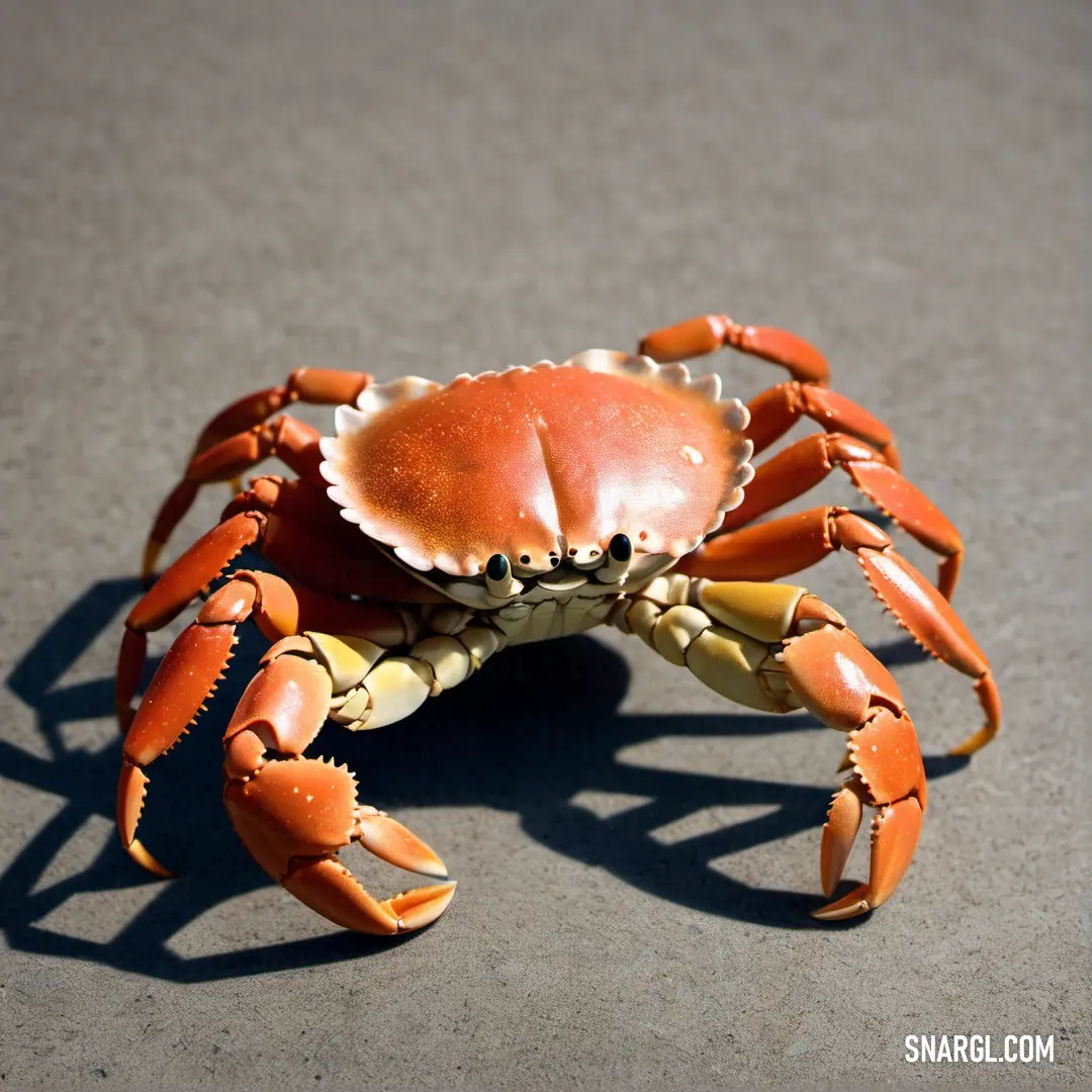 Crab with a long claws on the ground with a shadow on the ground behind it and a shadow on the ground below it
