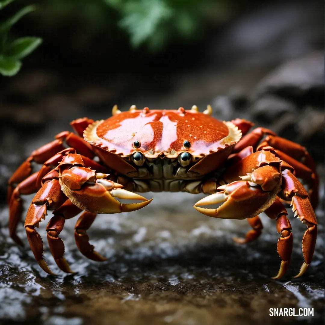 Crab with a red shell and black eyes is standing on a rock and has its head turned to the side
