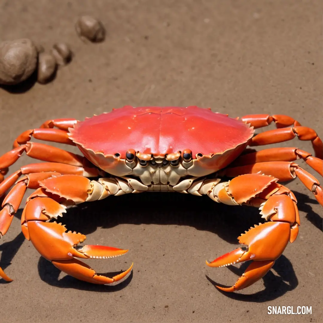 Crab with a red shell on a beach near rocks and water with a rock in the background