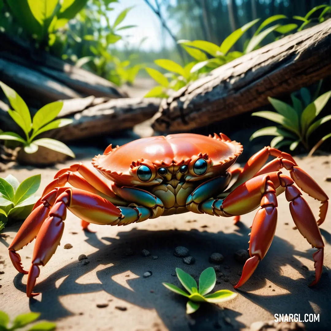 Crab with blue eyes is standing on the ground in the sand and leaves are around it and is looking at the camera