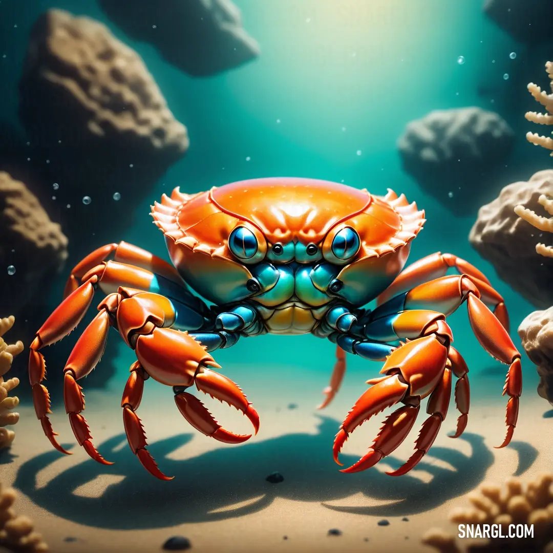 Crab with blue eyes is standing in the sand under the water and corals under the water is a coral reef