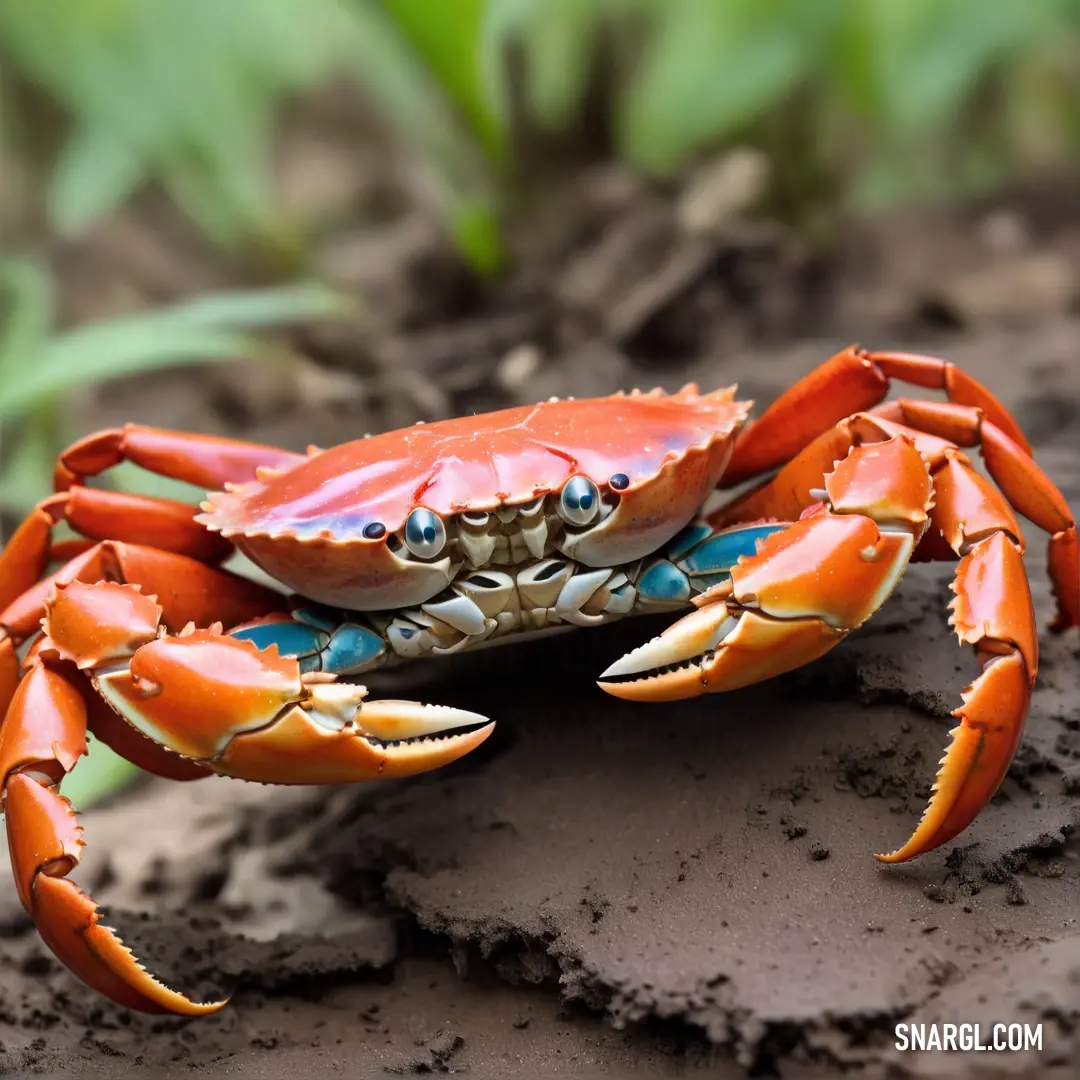 Crab with blue legs and claws on a rock in the sand with grass in the background