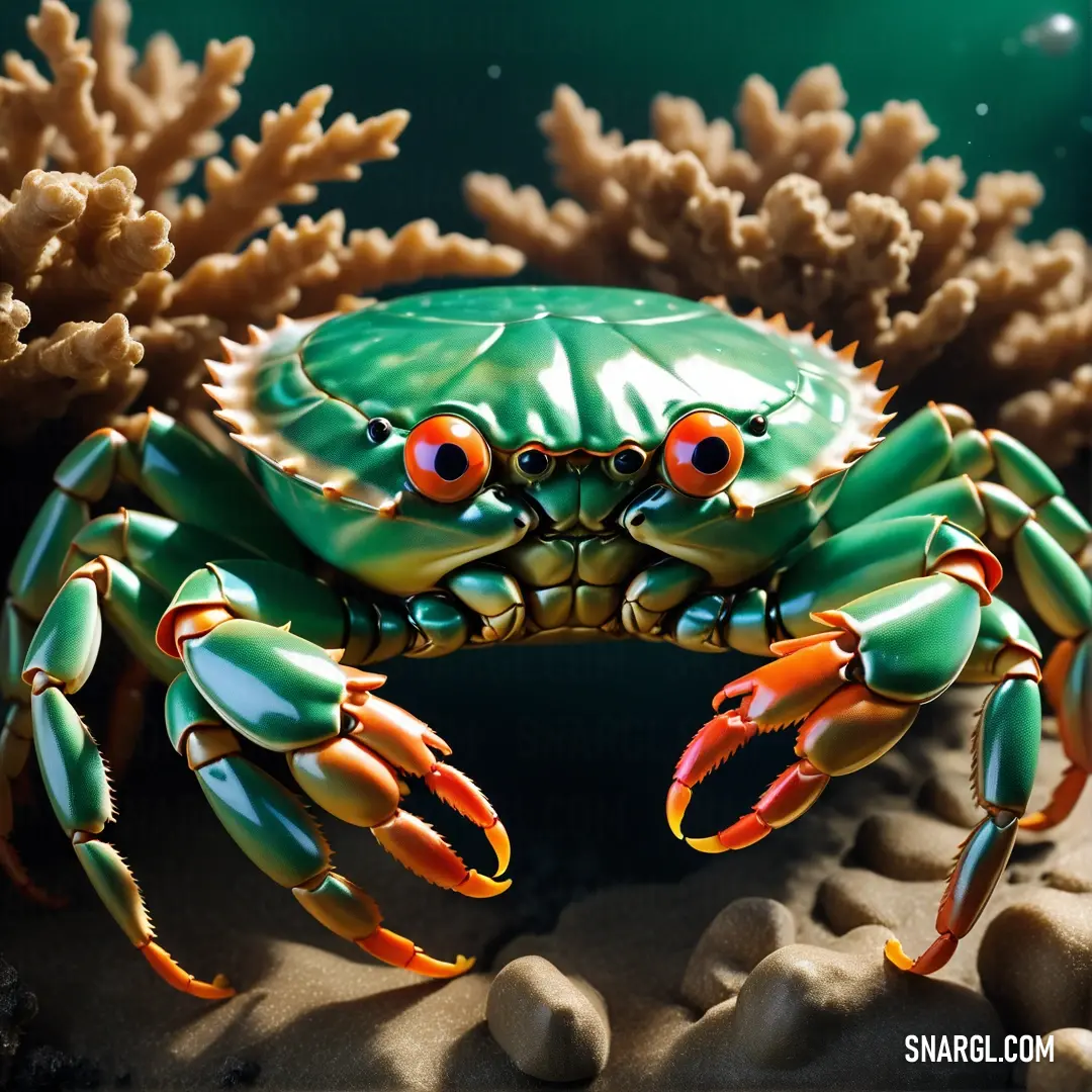 Green crab with orange eyes and a coral in the background