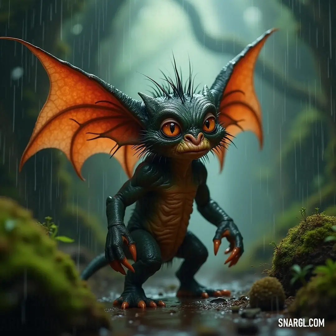 A vibrant Small Crackle with orange wings amidst a refreshing rain, surrounded by the richness of a green landscape that enhances its playful spirit. A small, lively Crackle with bright orange wings, stands resiliently in a gentle rain, its glistening form merging harmoniously against the lush green backdrop, as the droplets reflect its cheerful spirit and unwavering charm.