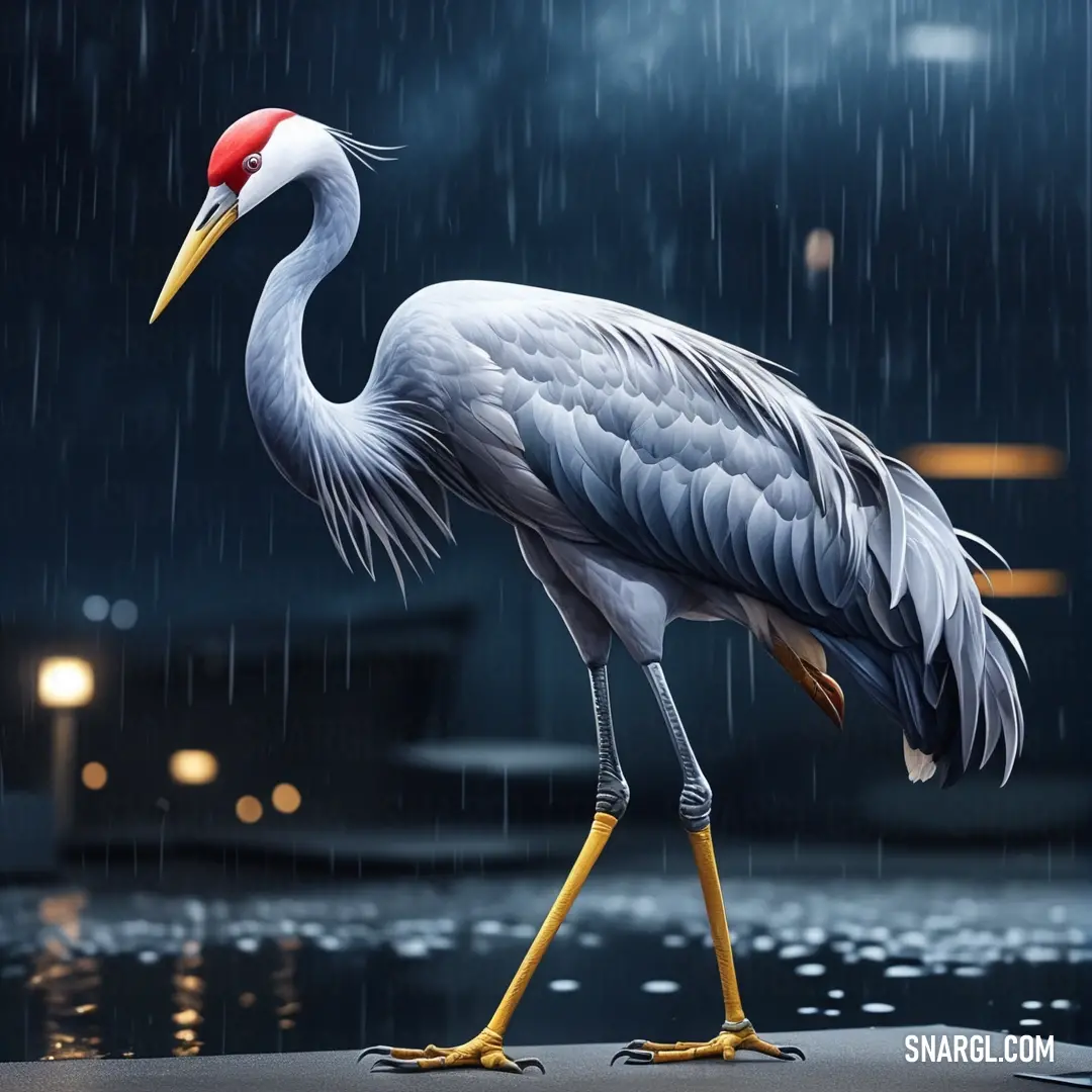 Crane standing in the rain with its legs crossed