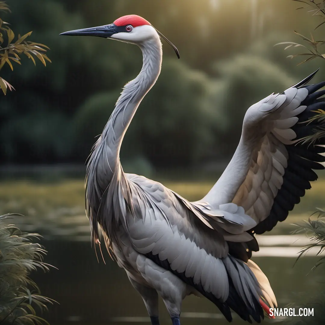 Crane with a red head and wings standing in a swampy area with trees and water in the background