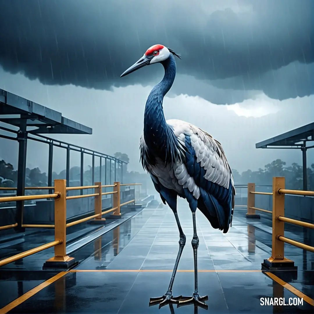 Crane standing in the rain with a red head and blue body and legs, with a black and white background